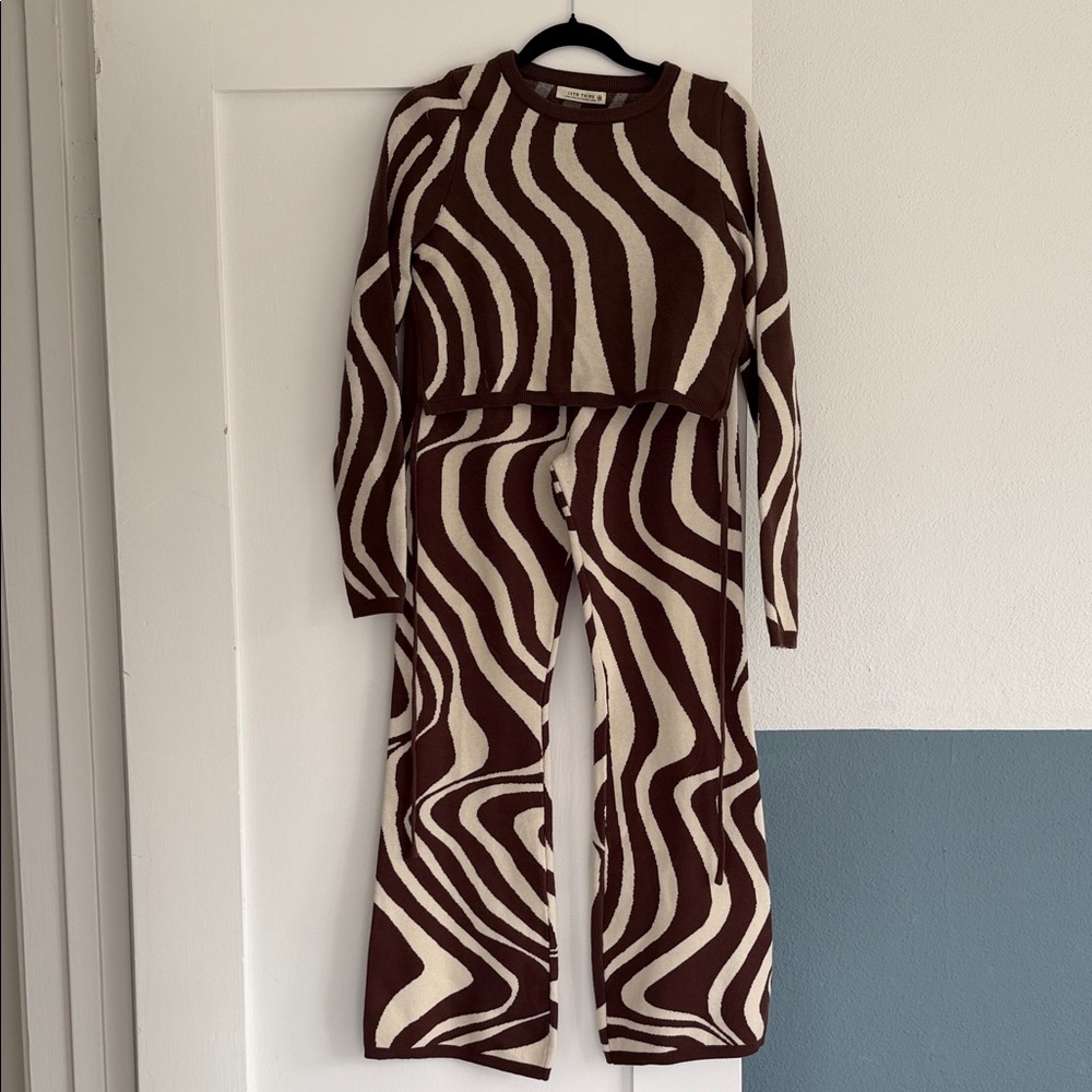 12th Tribe Brown and Cream Knit Top + Pants Set